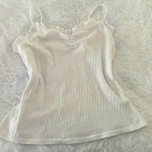 Soft material spaghetti straps ruffled top white